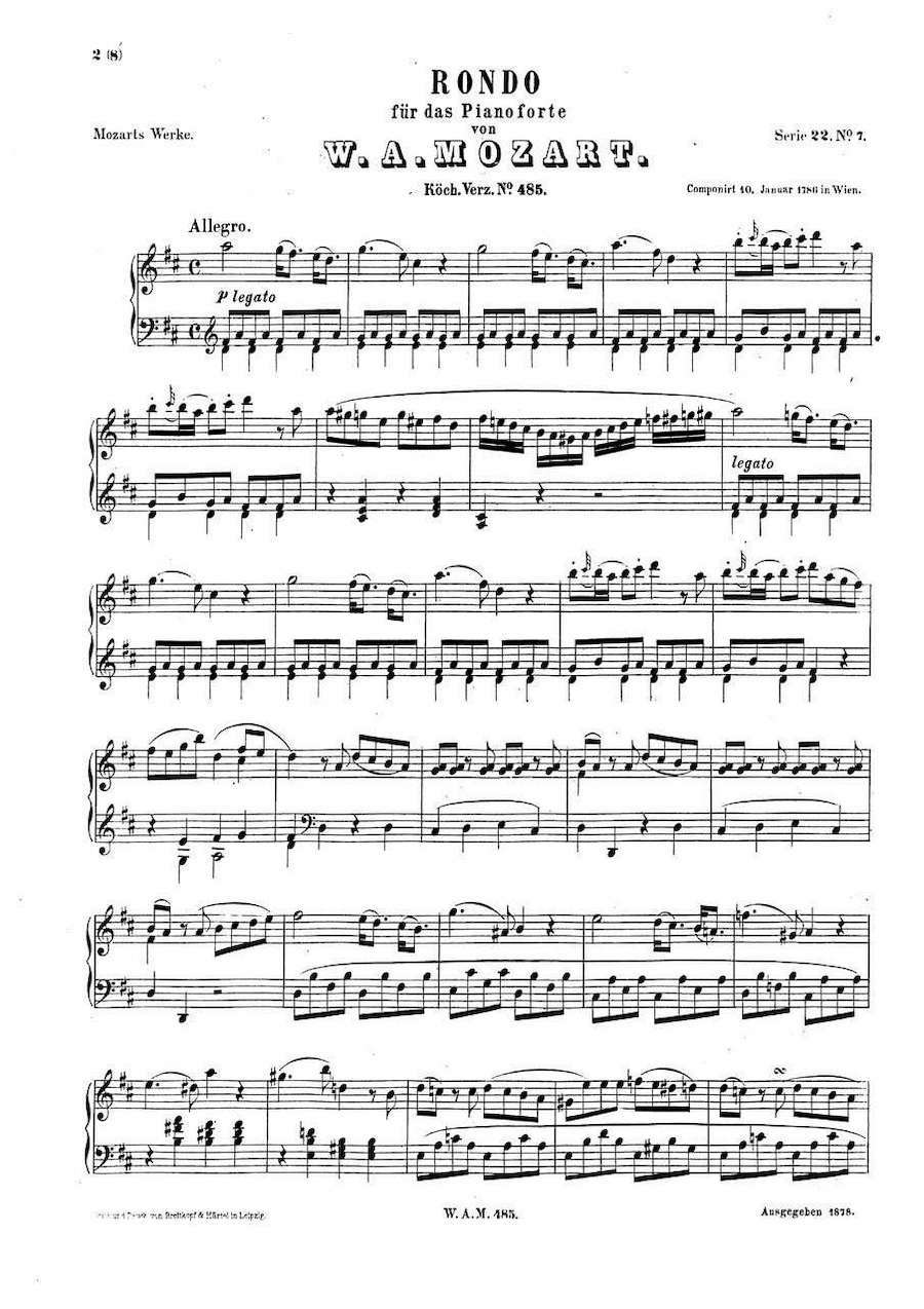 Wolfgang Amadeus Mozart: Score for Rondo in D Major, K485 (1786)