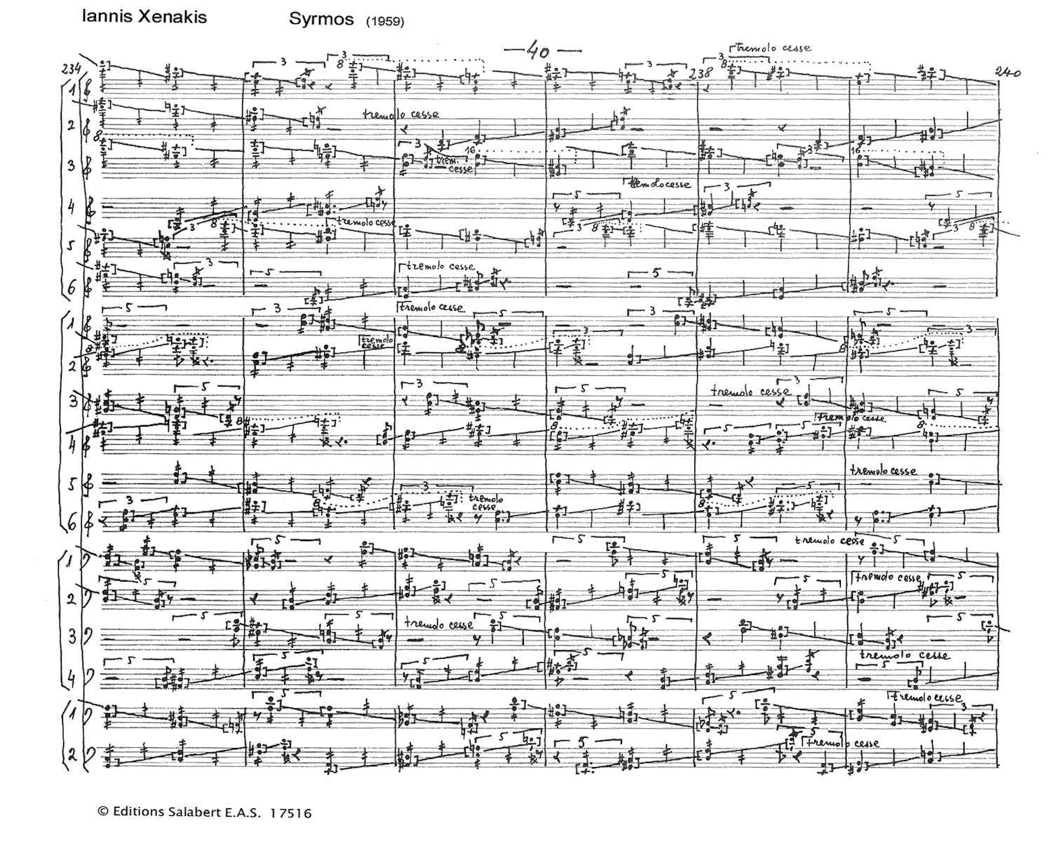 Iannis Xenakis: score for Syrmos, for string orchestra (1959) © Editions Salabert E. A. S. 17516